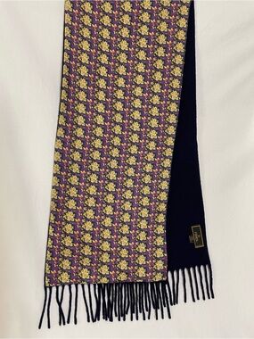 Vintage FENDI Cravatte Silk & Wool Double-Sided Fringe Scarf Floral Navy Italy